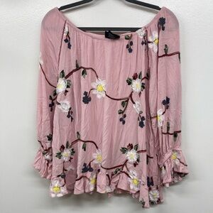 Liv Las Angeles Easter Blouse Relaxed Peasant Pink Embroidered Floral Bohemian